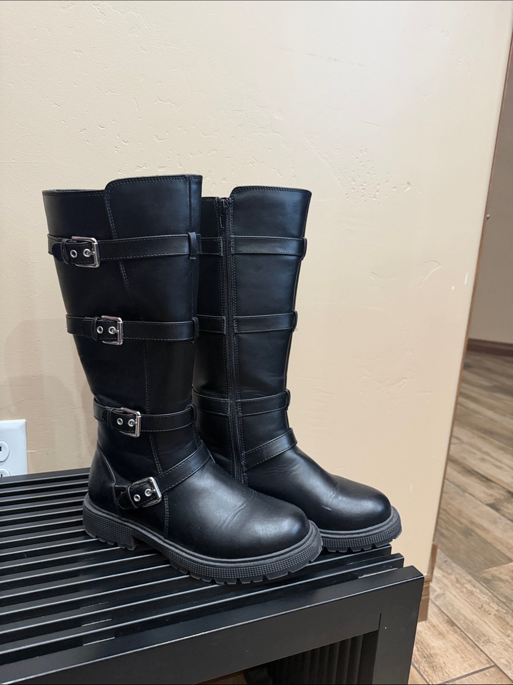Steve Madden Girl’s Black Buckle Combat Moto Boots